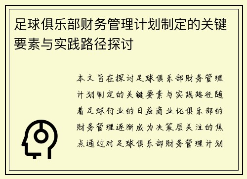 足球俱乐部财务管理计划制定的关键要素与实践路径探讨